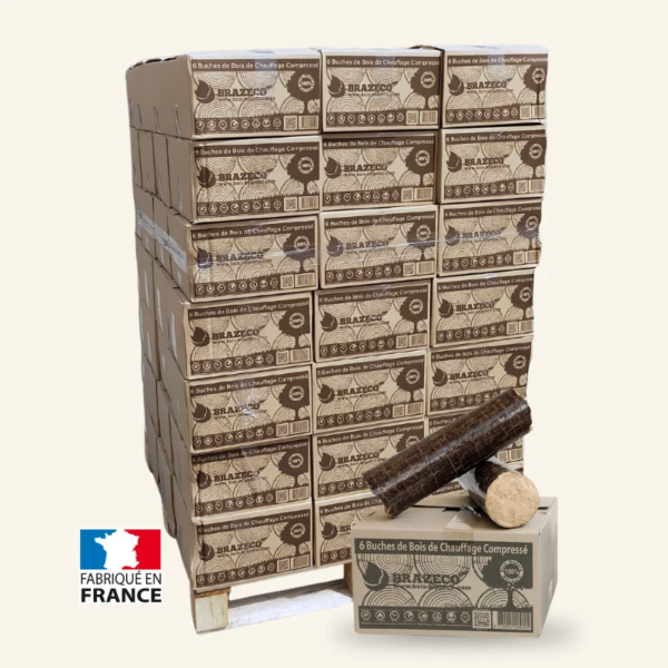 Premium-Holzbriketts von Brazeco – Palette mit 80 Kartons à 6 Briketts